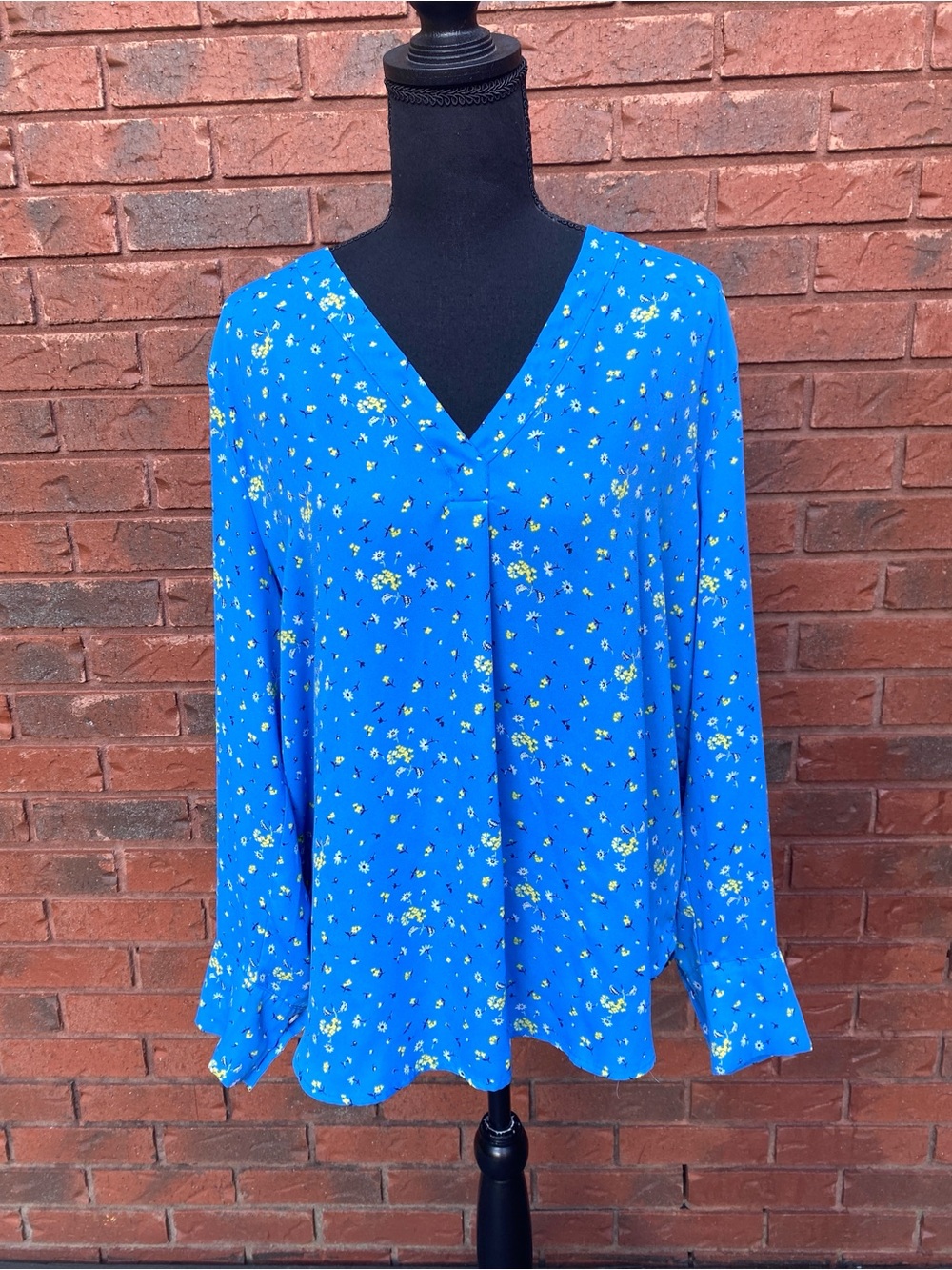Women's Blue Floral V-Neck Long Sleeve Blouse L